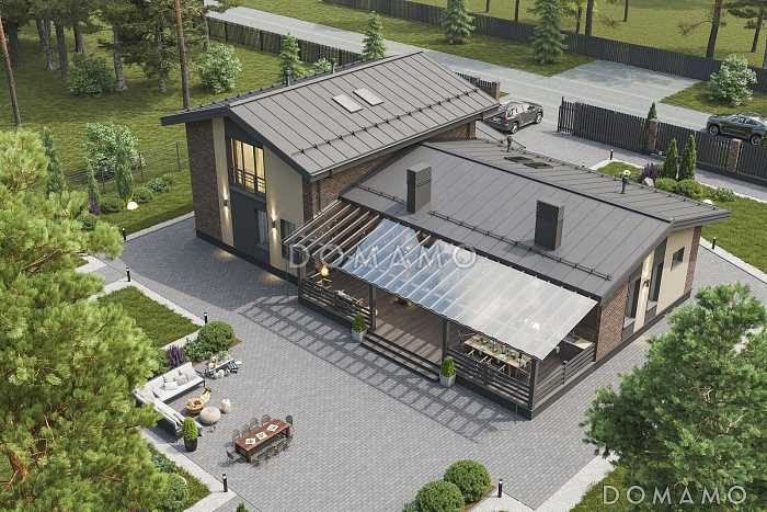 Проект мансардного дома из газобетона с террасой барбекю, автонавесом и сауной