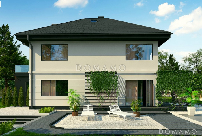 Проект загородного дома с гаражом и террасой над ним, кухней с кладовой, комнатой отдыха на первом этаже