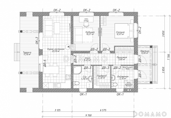 Проект небольшого одноэтажного дома для узких участков S-70 / План 1 этажа