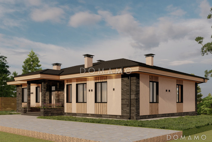 Проект одноэтажного дома с многофункциональной кухней, верандой и тремя спальнями