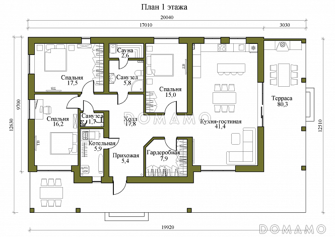 Проект одноэтажного кирпичного дома с сауной, просторной террасой и барбекю / План 1 этажа