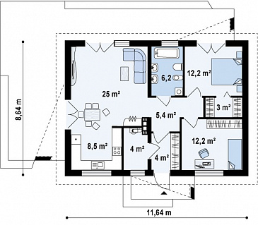 Проект компактного одноэтажного дома из газобетона с оригинальной открытой террасой по периметру  / План 1 этажа