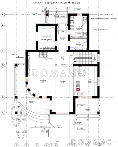 Проект дома с пятью спальнями, открытой планировкой дневной зоны с закругленным углом / План 1 этажа