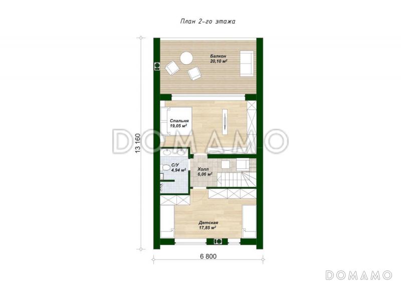Проект двухэтажного дома из газобетона в стиле барнхаус с панорамными окнами в гостиной / План 2 этажа