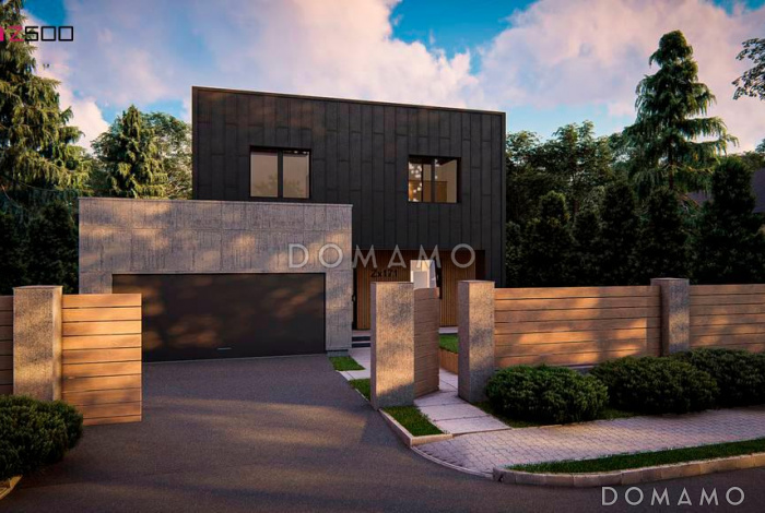 Проект двухэтажного дома с гаражом, входом на кухню из гостиной и прихожей, кладовой, санузлом под лестницей