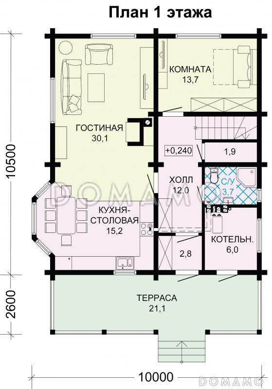 Проект деревянного дома из бруса с мансардой и просторными террасами / План 1 этажа