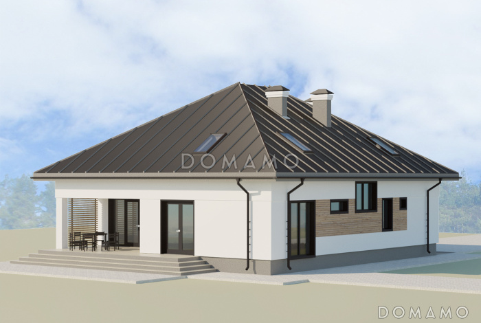 Проект одноэтажного дома в стиле Барнхаус с мансардой, четырьмя спальнями и вторым светом