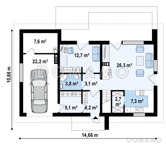 Проект одноэтажного дома с мансардным этажом из газобетона с четырьмя спальнями, кабинетом и и гаражом / План 1 этажа