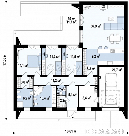 Проект современного одноэтажного дома из кирпича с плоской крышей, с тремя комнатами и гаражом / План 1 этажа