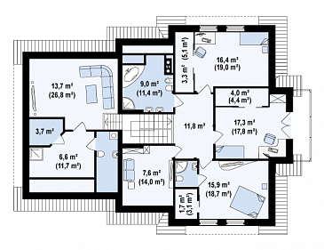 Проект просторного комфортного мансардного дома из газобетона с необычной планировкой и гаражом / План мансардного этажа