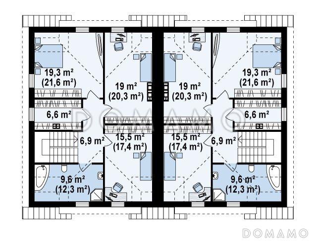 Проект мансардных домов-близнецов из кирпича с гаражом и французскими балконами / План мансардного этажа