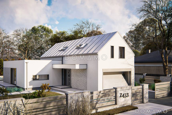 Проект загородного дома с двухскатной крышей, гаражом, просторной гостиной, кладовой в кухне