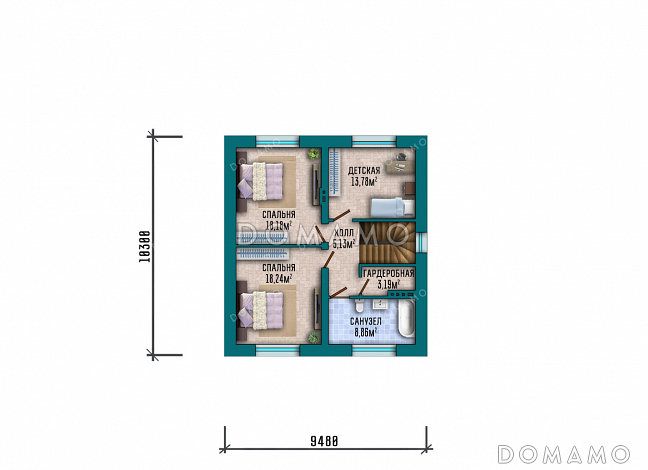 Проект квадратного двухэтажного дома с классической отделкой фасадов облицовочным кирпичом, совмещенной кухней-гостиной на первом этаже и спальной зоной на втором / План 2 этажа