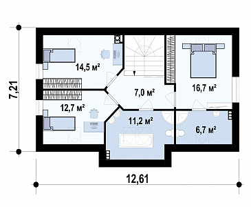 Проект загородного дома с камином в гостиной, террасой, кладовой под лестницей, мансардо / План мансардного этажа