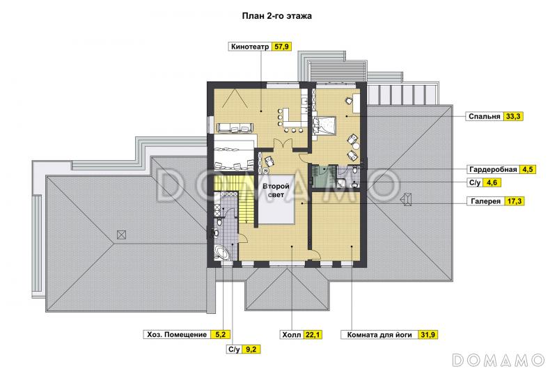 Проект особняка с 4 спальнями, спа-зоной, кинотеатром, верандой, навесом для авто / План 2 этажа