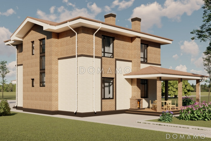 Проект двухэтажного дома из газобетона с двумя каминами на большой террасе и в гостиной