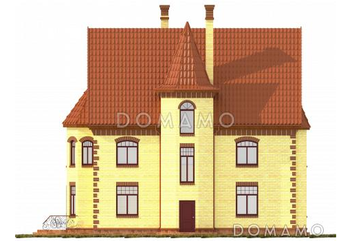 Проект трехэтажного дома с башней, верандой и функциональными чердачными помещениями / Фасад 2