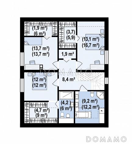 Проект загородного дома с панорамным остеклением гостиной, гаражом, кладовой и мастер-спальней на мансарде / План мансардного этажа