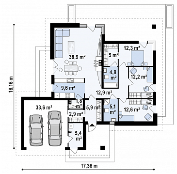 Проект комфортного одноэтажного дома из газобетона с тремя спальнями и пристроенным гаражом на два автомобиля / План 1 этажа