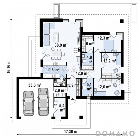 Проект комфортного одноэтажного дома из газобетона с тремя спальнями и пристроенным гаражом на два автомобиля / План 1 этажа