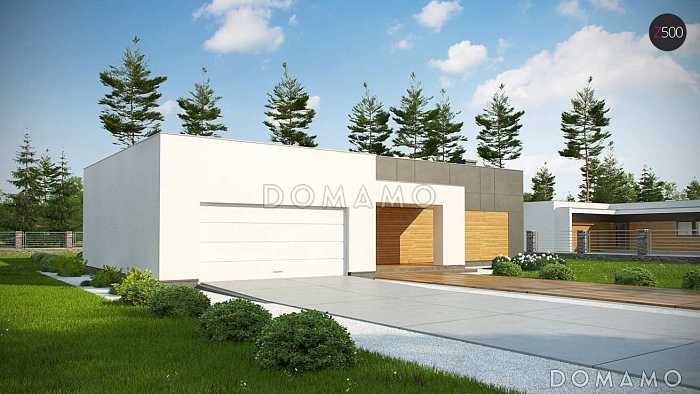 Проект современного одноэтажного дома из газобетона с плоской крышей, с большой угловой террасой и двухместным гаражом 