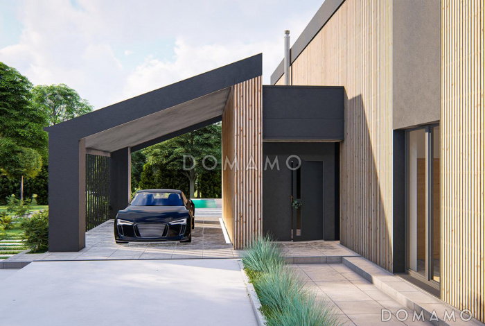 Проект одноэтажного загородного дома с косой крышей, навесом для машины, столовой, гостиной