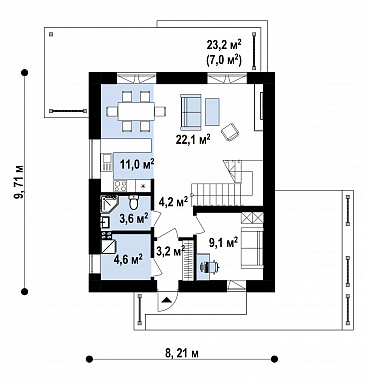 Проект двухэтажного загородного дома для семьи с детьми, просторной ванной, террасой / План 1 этажа