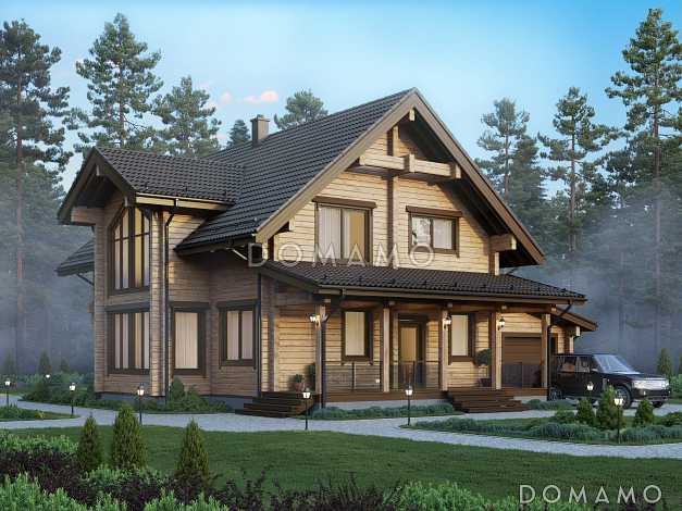 Проект деревянного мансардного дома с гаражом на 2 автомобиля