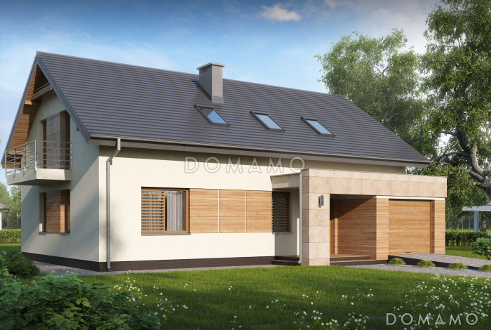 Проект уютного дома с мансардными окнами, балконом, террасой, гаражом на одну машину