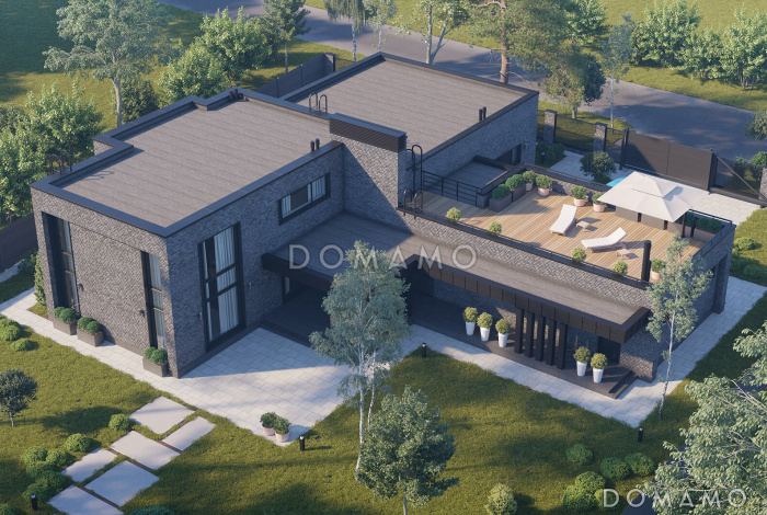 Проект кирпичного дома в стиле хай-тек с эксплуатируемой кровлей, вторым светом и просторной террасой