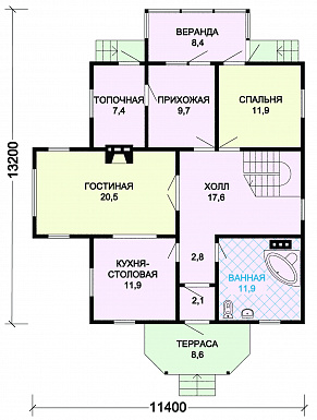 Проект деревянного дома с квадратной ванной комнатой / План 1 этажа