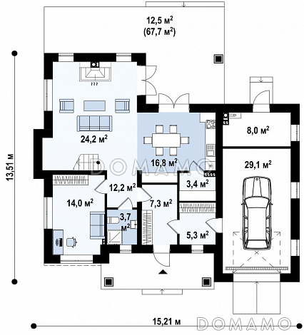 Проект двухэтажного дома из газобетона с четырьмя спальнями и гаражом, адаптированный для строительства в сейсмоопасных районах  / План 1 этажа