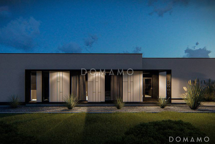 Проект одноэтажного дома из газобетона с просторной гостиной, мастер-спальней и гаражом на 2 машины