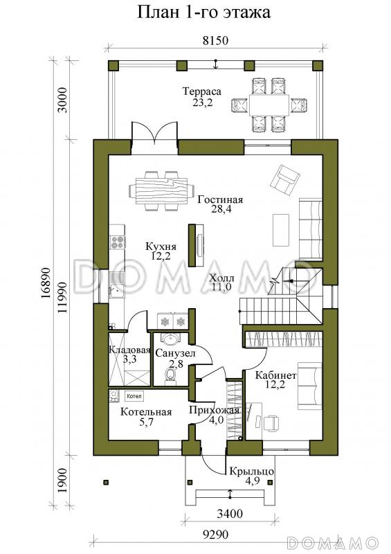 Проект двухэтажного кирпичного дома с крытой террасой и четырьмя спальнями на втором этаже / План 1 этажа