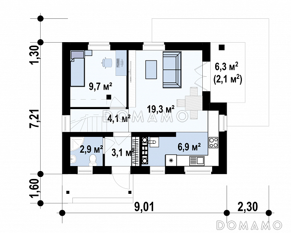 Проект дома с террасой, санузлом с окном, спальней на первом этаже / План 1 этажа