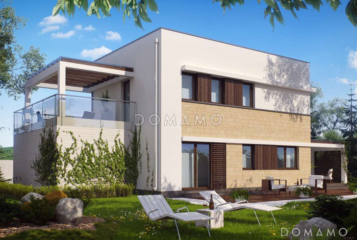 Проект современного двухэтажного дома из газобетона с плоской крышей с кабинетом, гаражом и крытыми террасами на обоих уровнях, адаптированный для сейсмозоны 