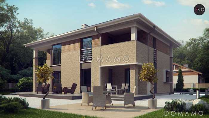 Проект просторного двухэтажного дома из кирпича с дополнительной спальней на первом этаже, гаражом и сауной