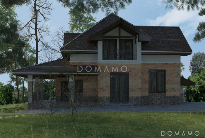 Проект дома с использованием трёх видов отелочных материалов, с навесом для автомобиля и террасой