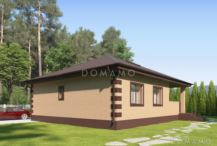 Проект одноэтажного дома с террасой, просторной кухней-столовой, кладовой в холле и спальнями