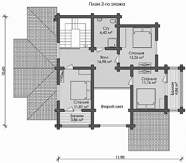 Проект дома с тремя спальными комнатами с двумя балконами и санузлом на втором этаже / План мансардного этажа