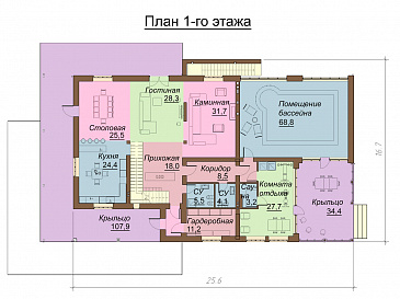 Проект большого двухэтажного коттеджа с зоной отдыха и бассейном на цокольном этаже / План 1 этажа