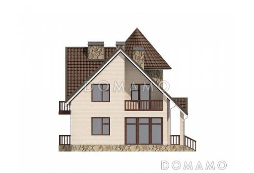 Проект дома с башней, окнами в пол на веранде, с балконом и лоджией / Фасад 3