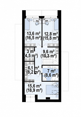 Проект загородного дома с комнатой и гардеробом на первом этаже, тремя спальнями на мансарде, просторной обеденной зоной / План мансардного этажа