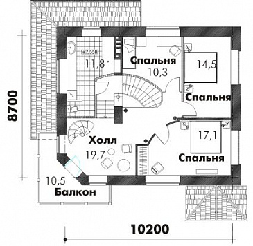 Проект трехэтажного дома из пеноблоков с просторной гостиной, балконом и кабинетом на третьем этаже / План 2 этажа