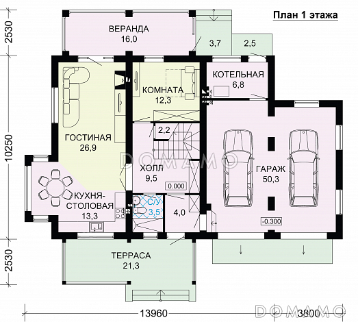 Проект дома из газобетона со светлой верандой / План 1 этажа