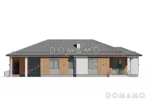 Проект одноэтажного дома с кабинетом, навесом для машины, тремя спальнями и небольшой угловой террасой / Фасад 2