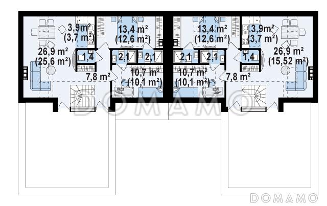 Проект современных мансардных домов-близнецов из газобетона с большим гаражом, открытой террасой на втором этаже и четырьмя спальнями / План мансардного этажа