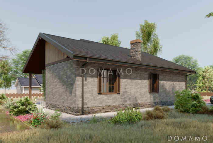 Проект одноэтажного дома из газобетона с крытой террасой в европейском стиле