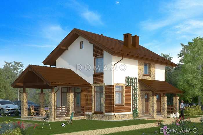 Проект функционального двухэтажного дома с террасой при гостиной