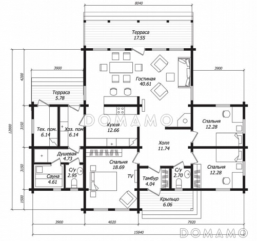 Проект одноэтажного дома из бруса с тремя спальнями и сауной / План 1 этажа